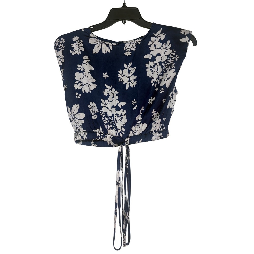 Elan Womens Navy Blue White Floral Crop Top Tie Waist Sleeveless Blouse Medium